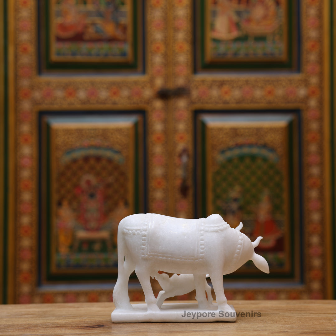 6" Pure White Marble Cow with Calf Idol