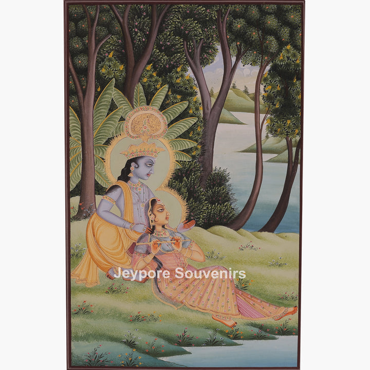 Krishna Playing the Flute Beside Radha - Hand-Painted Canvas