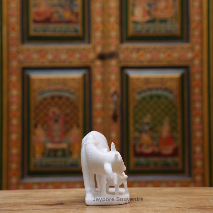 6" Pure White Marble Cow with Calf Idol