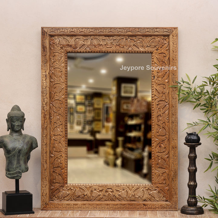 Hand-Carved Floral Wooden Large Natural Finish Vanity Mirror