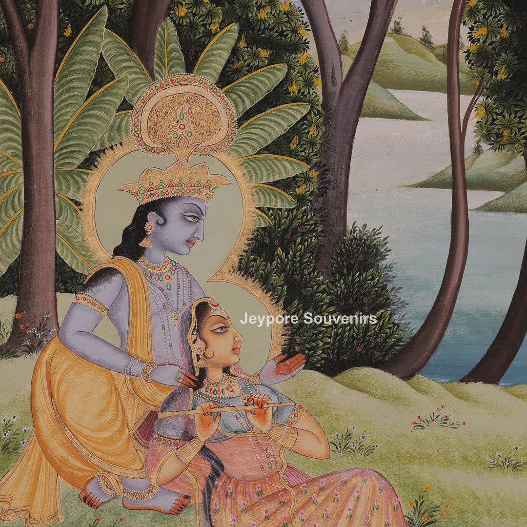 Krishna Playing the Flute Beside Radha - Hand-Painted Canvas