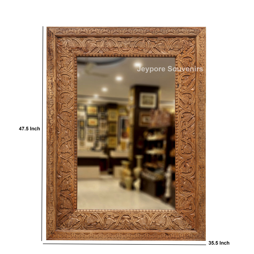 Hand-Carved Floral Wooden Large Natural Finish Vanity Mirror