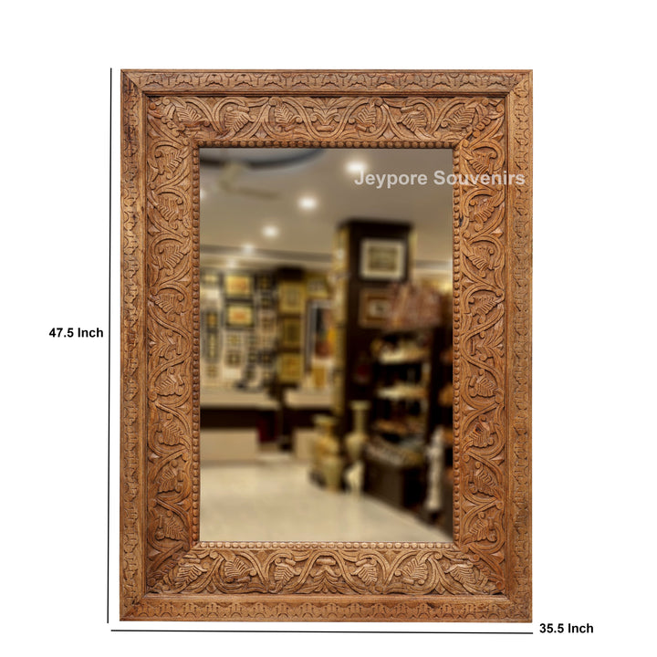 Hand-Carved Floral Wooden Large Natural Finish Vanity Mirror