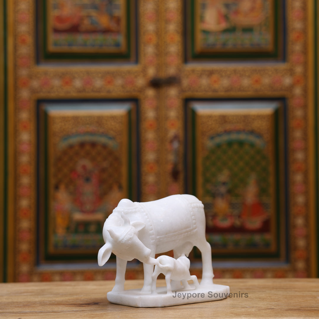 6" Pure White Marble Cow with Calf Idol