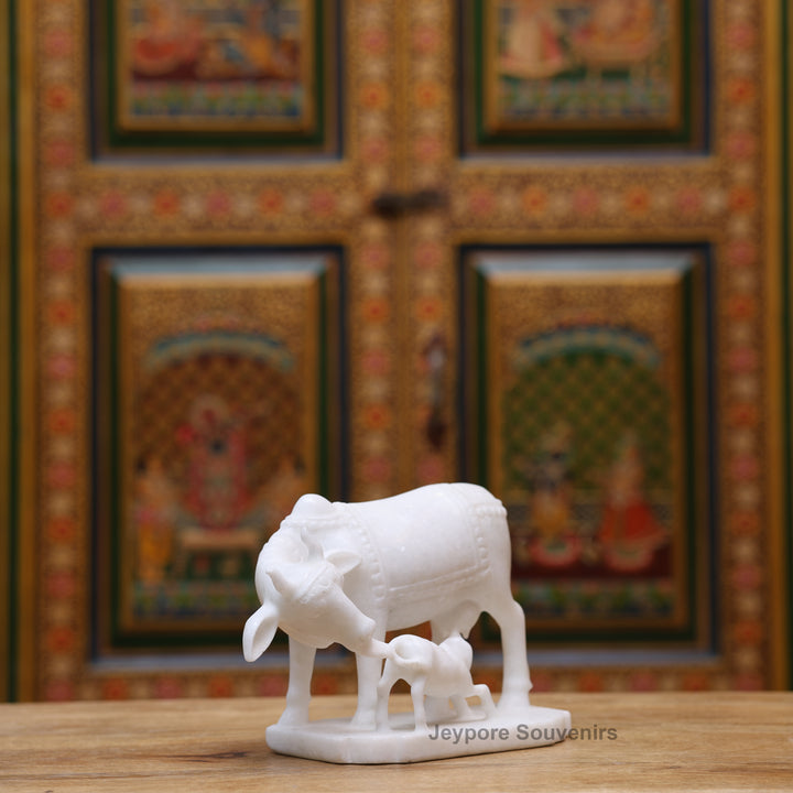 6" Pure White Marble Cow with Calf Idol