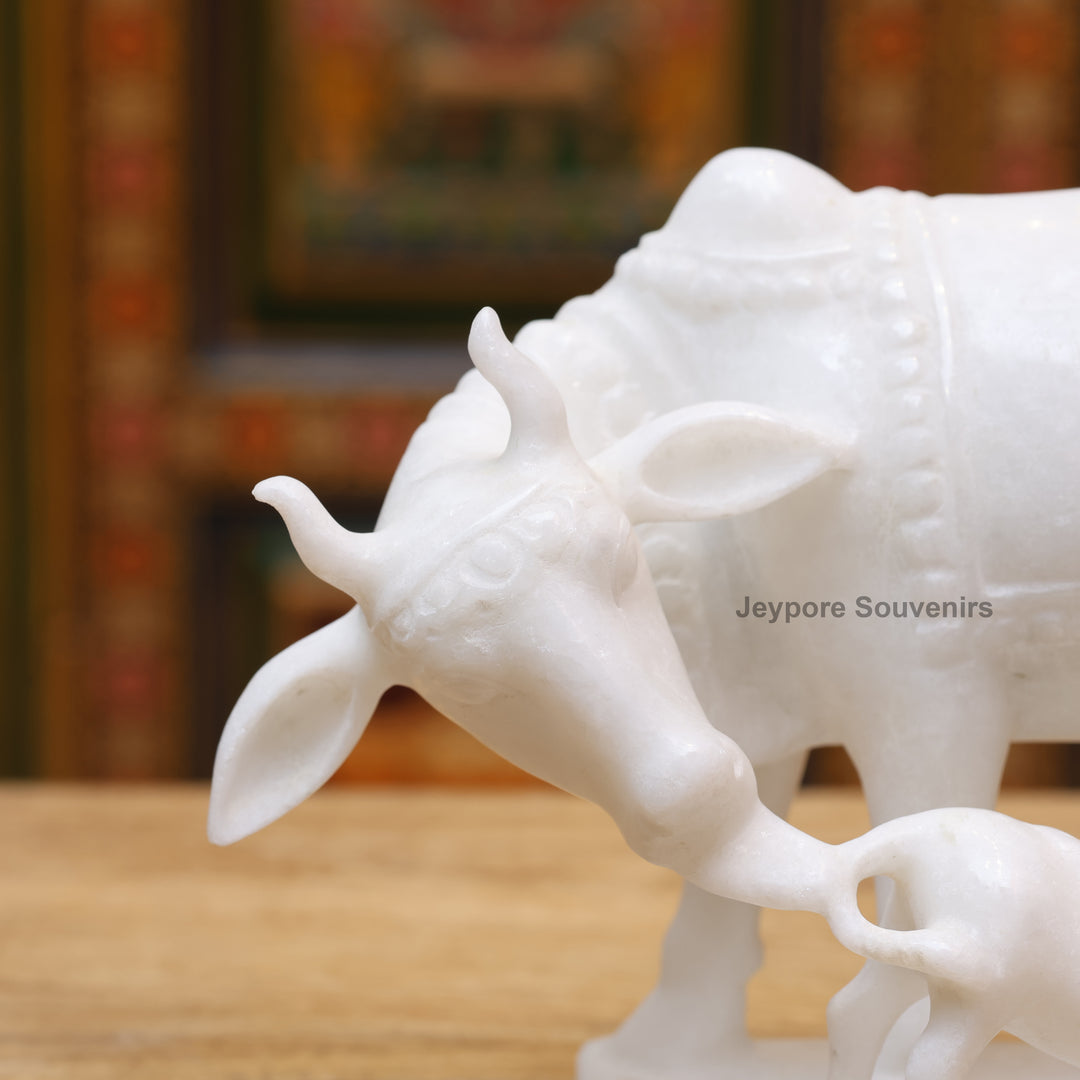6" Pure White Marble Cow with Calf Idol