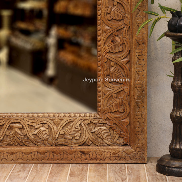 Hand-Carved Floral Wooden Large Natural Finish Vanity Mirror