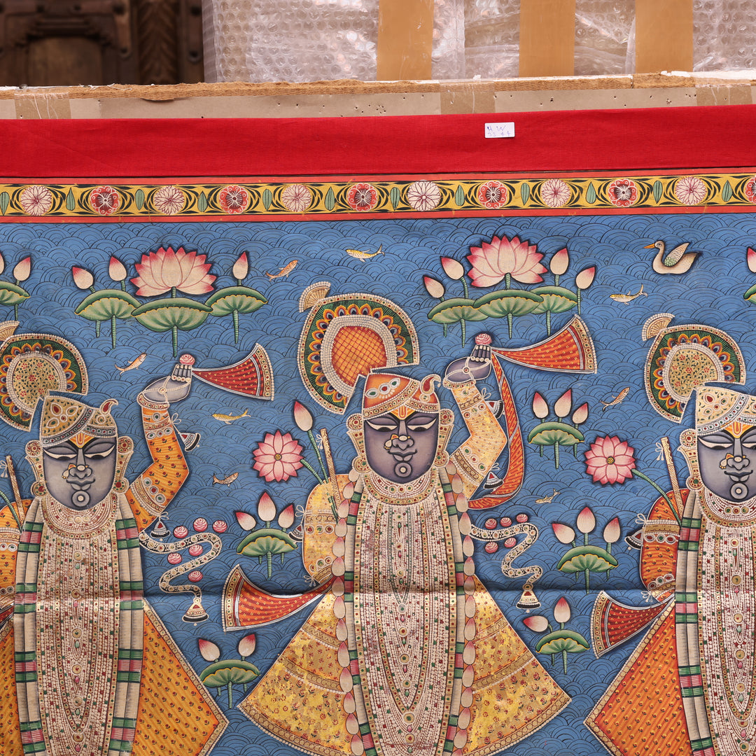 Handcrafted Triple Shrinathji Pichwai Painting on Cotton Cloth