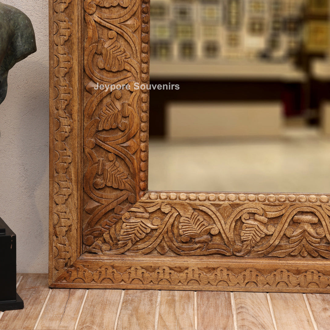 Hand-Carved Floral Wooden Large Natural Finish Vanity Mirror