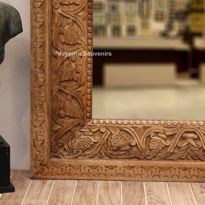 Hand-Carved Floral Wooden Large Natural Finish Vanity Mirror