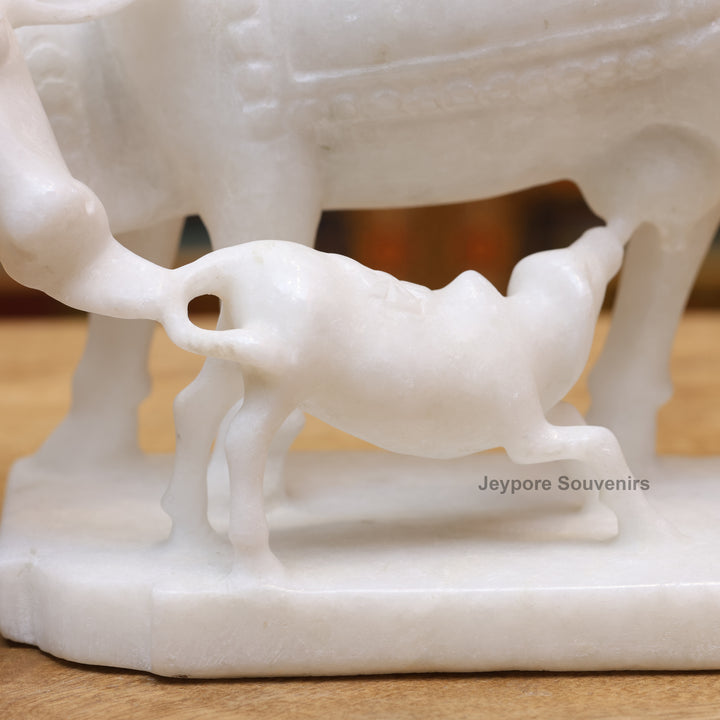 6" Pure White Marble Cow with Calf Idol