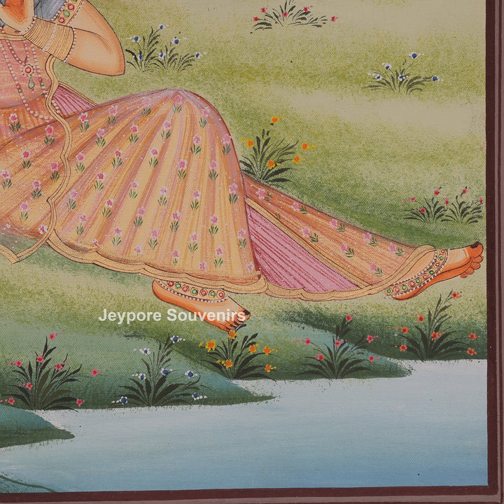 Krishna Playing the Flute Beside Radha - Hand-Painted Canvas