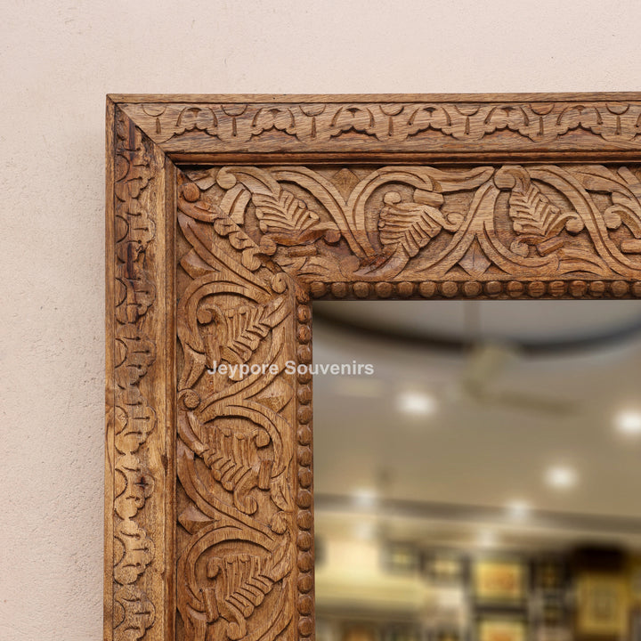 Hand-Carved Floral Wooden Large Natural Finish Vanity Mirror