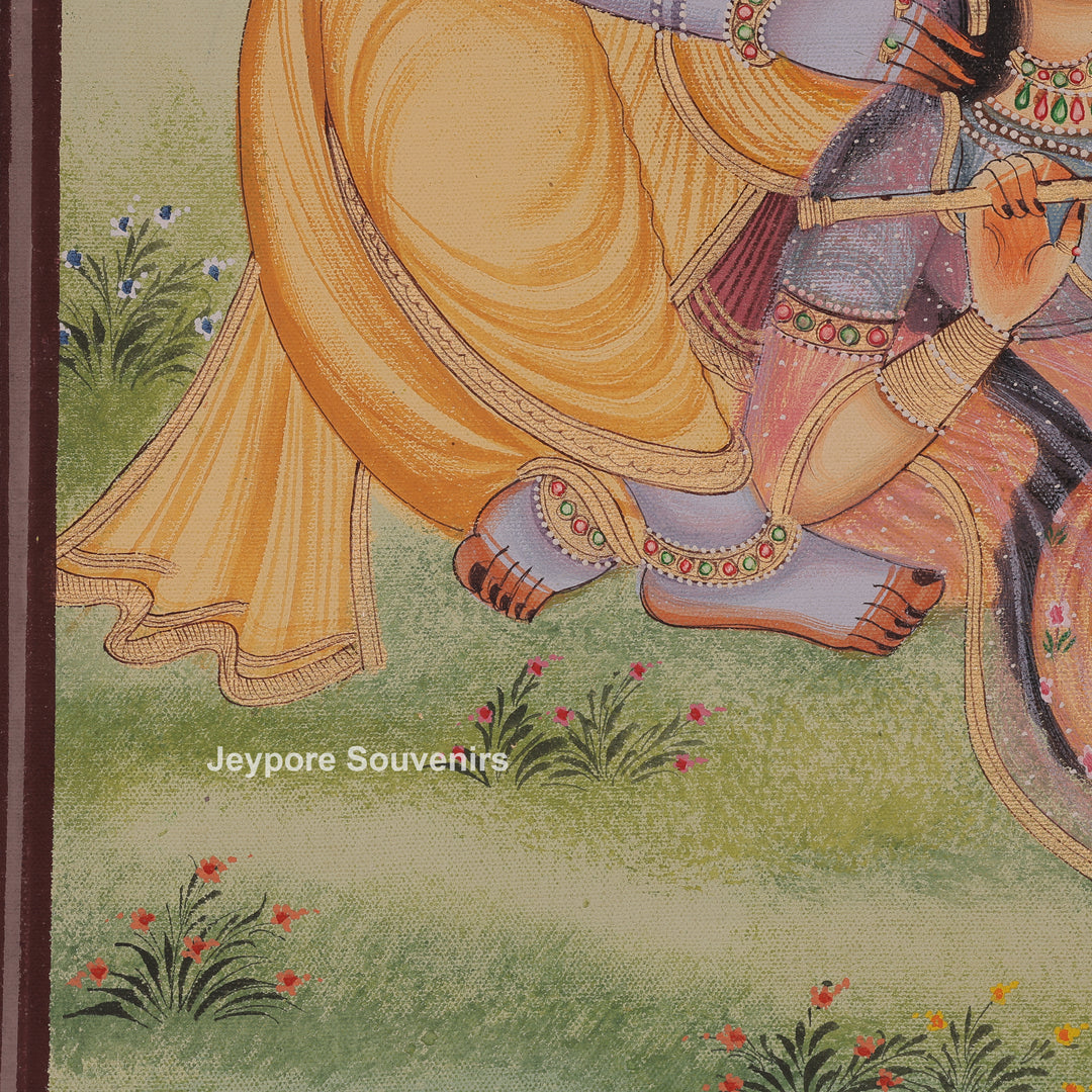 Krishna Playing the Flute Beside Radha - Hand-Painted Canvas