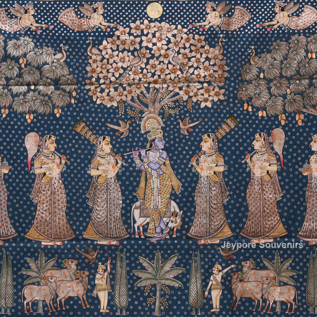 Handcrafted Lord Krishna &amp; Gopis Pichwai Painting on Cotton Cloth