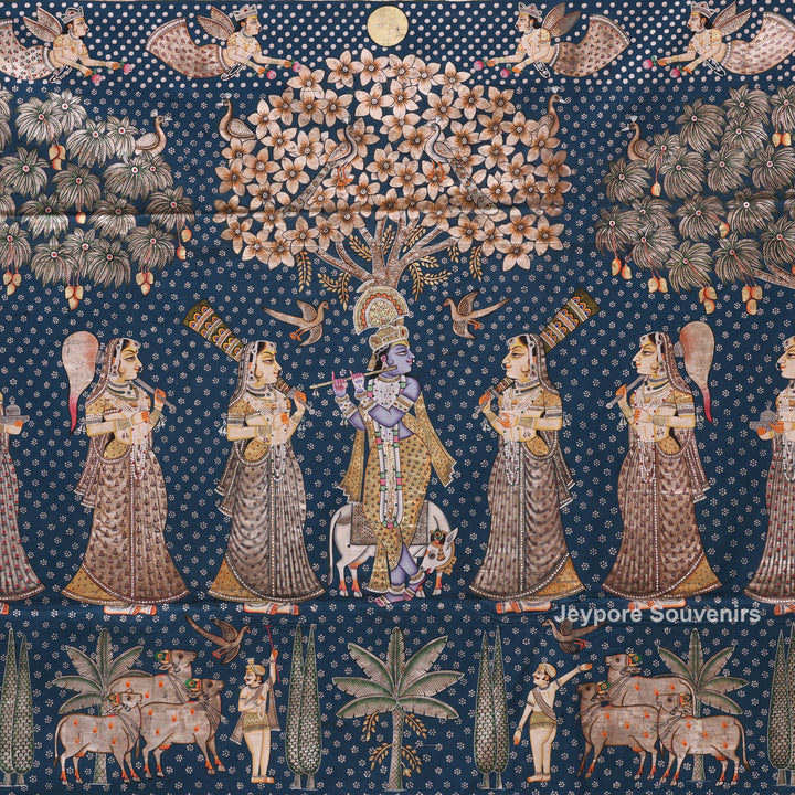 Handcrafted Lord Krishna &amp; Gopis Pichwai Painting on Cotton Cloth