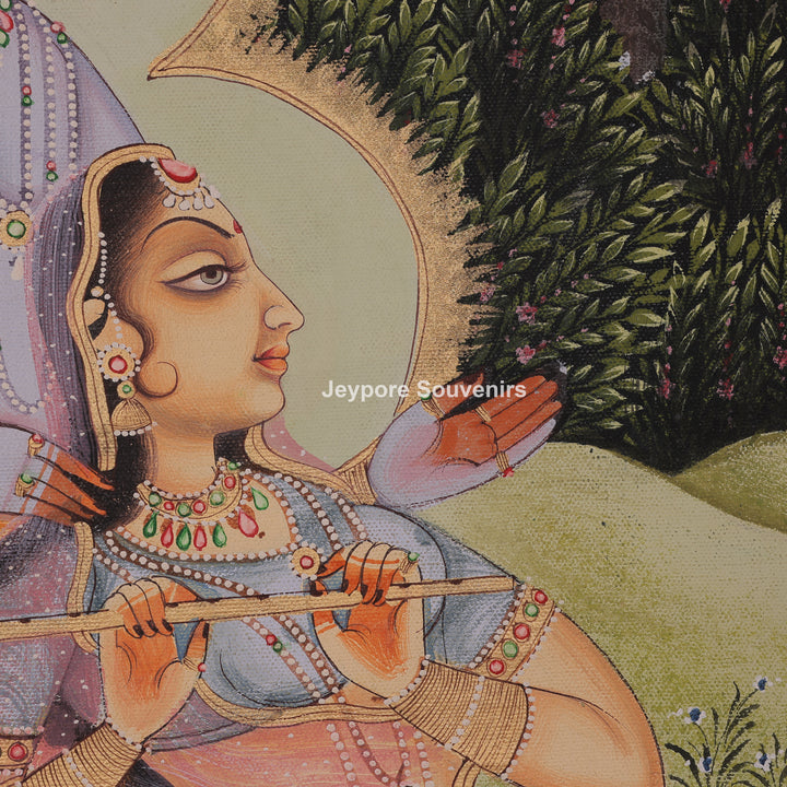 Krishna Playing the Flute Beside Radha - Hand-Painted Canvas