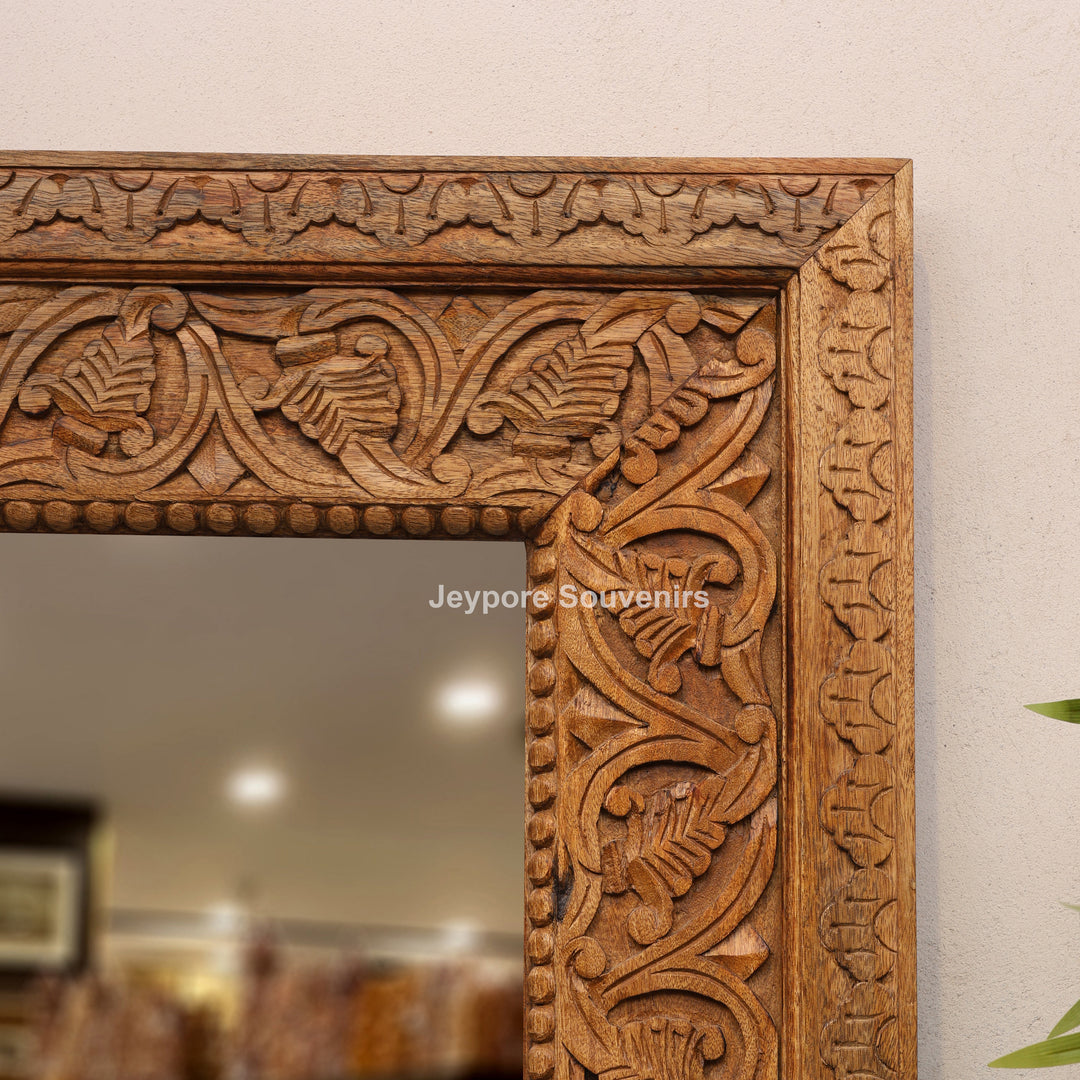 Hand-Carved Floral Wooden Large Natural Finish Vanity Mirror