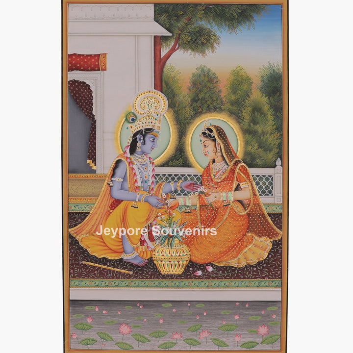 Krishna and Radha Sitting Together in a Palace Canvas Painting