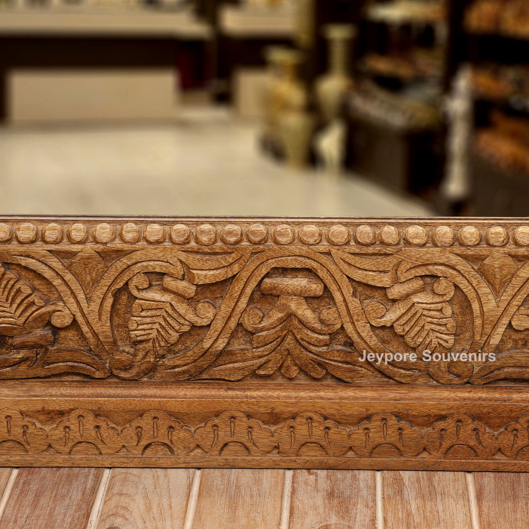 Hand-Carved Floral Wooden Large Natural Finish Vanity Mirror