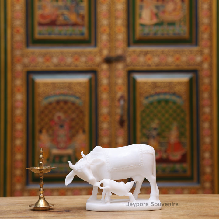 5" Pure White Marble Cow and Calf Statue