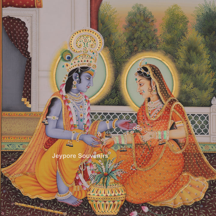 Krishna and Radha Sitting Together in a Palace Canvas Painting