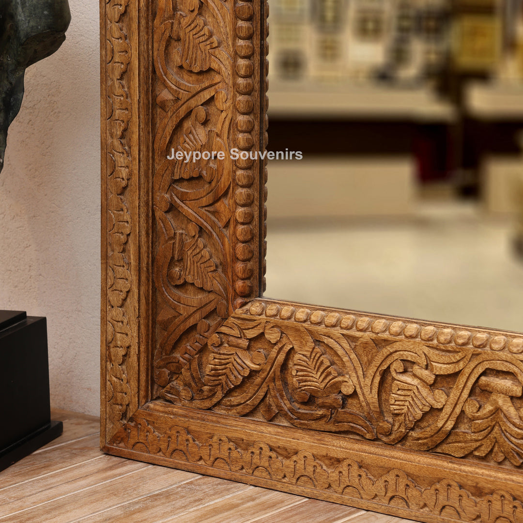 Hand-Carved Floral Wooden Large Natural Finish Vanity Mirror