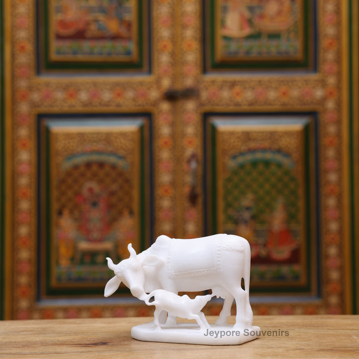 5" Pure White Marble Cow and Calf Statue