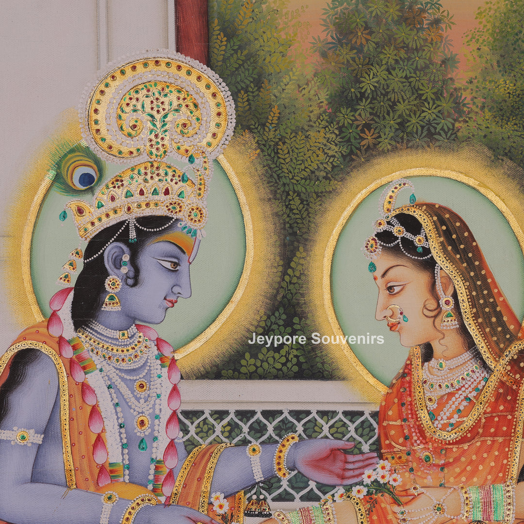 Krishna and Radha Sitting Together in a Palace Canvas Painting