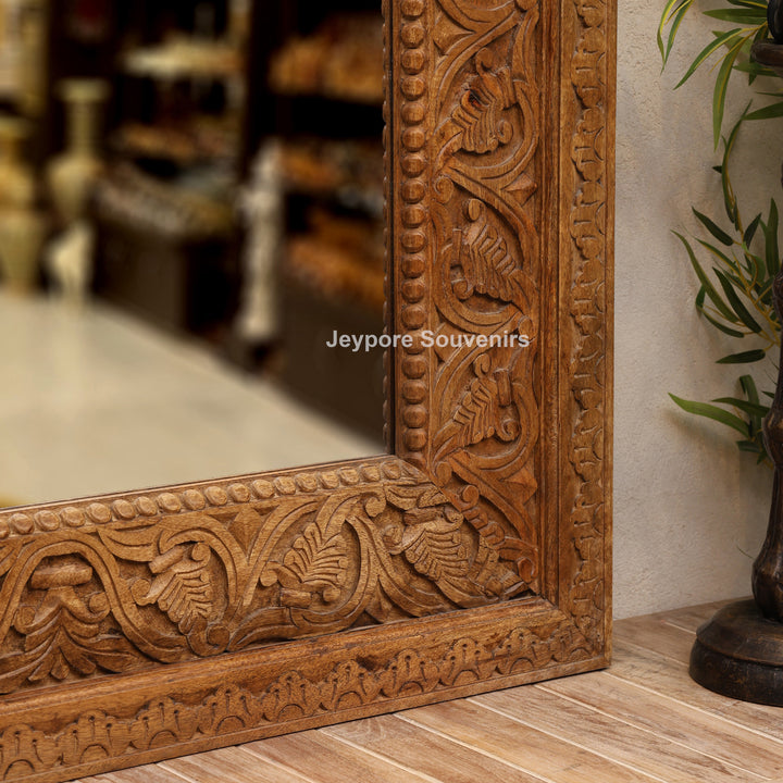 Hand-Carved Floral Wooden Large Natural Finish Vanity Mirror