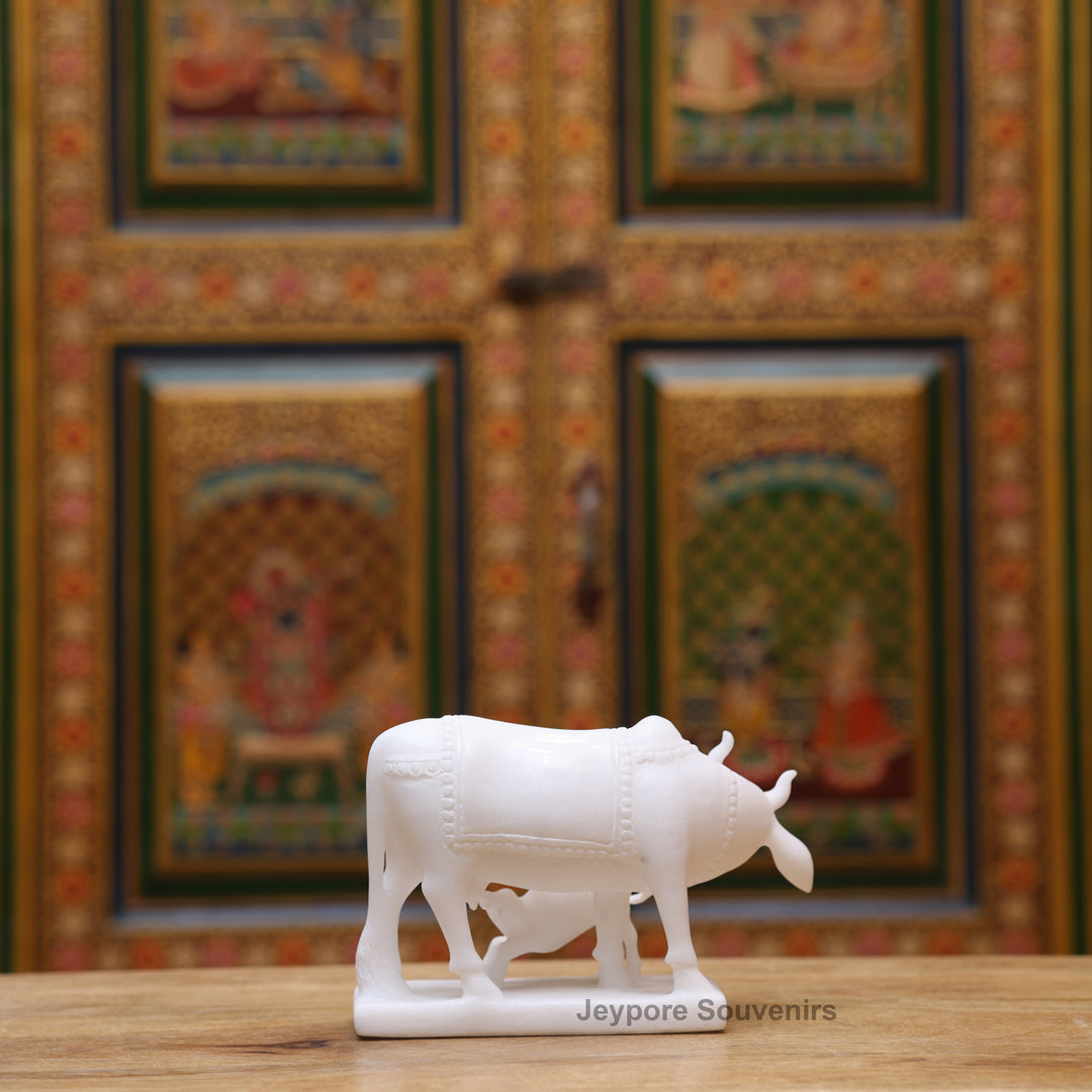 5" Pure White Marble Cow and Calf Statue
