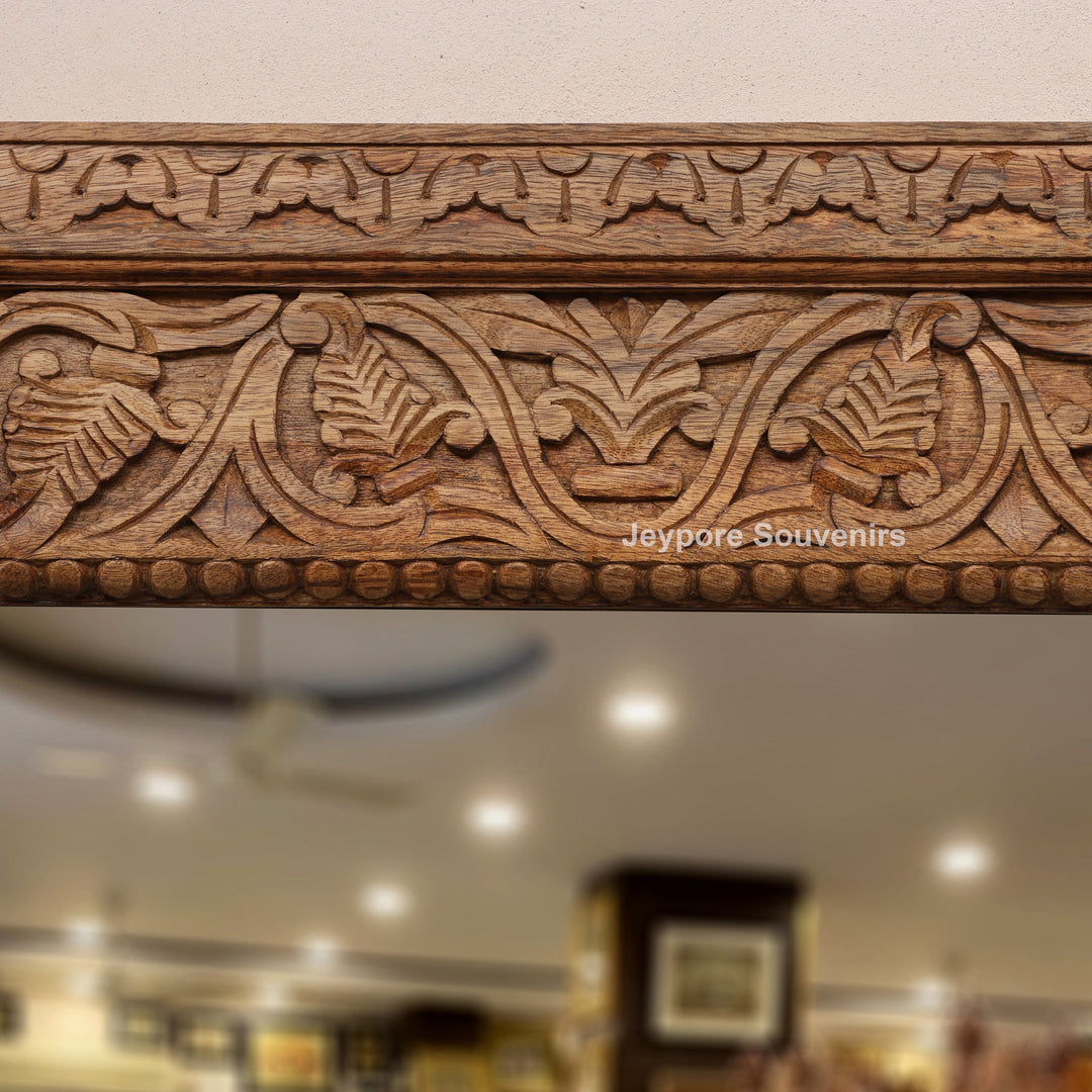 Hand-Carved Floral Wooden Large Natural Finish Vanity Mirror
