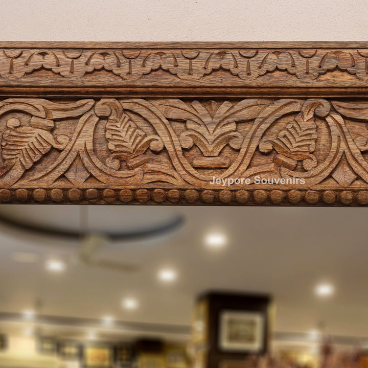 Hand-Carved Floral Wooden Large Natural Finish Vanity Mirror