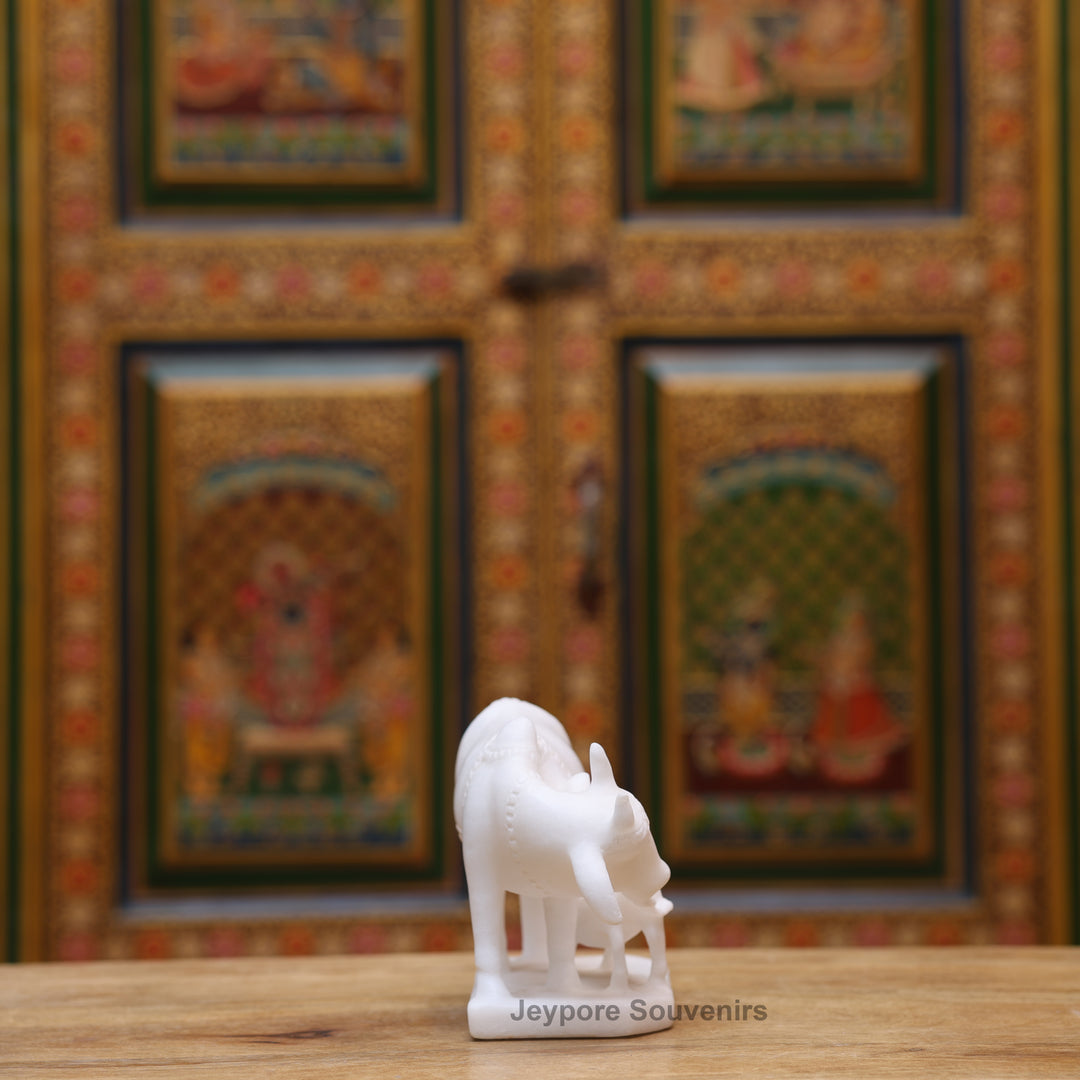 5" Pure White Marble Cow and Calf Statue