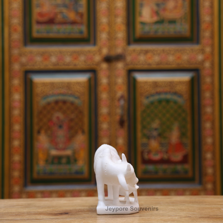 5" Pure White Marble Cow and Calf Statue