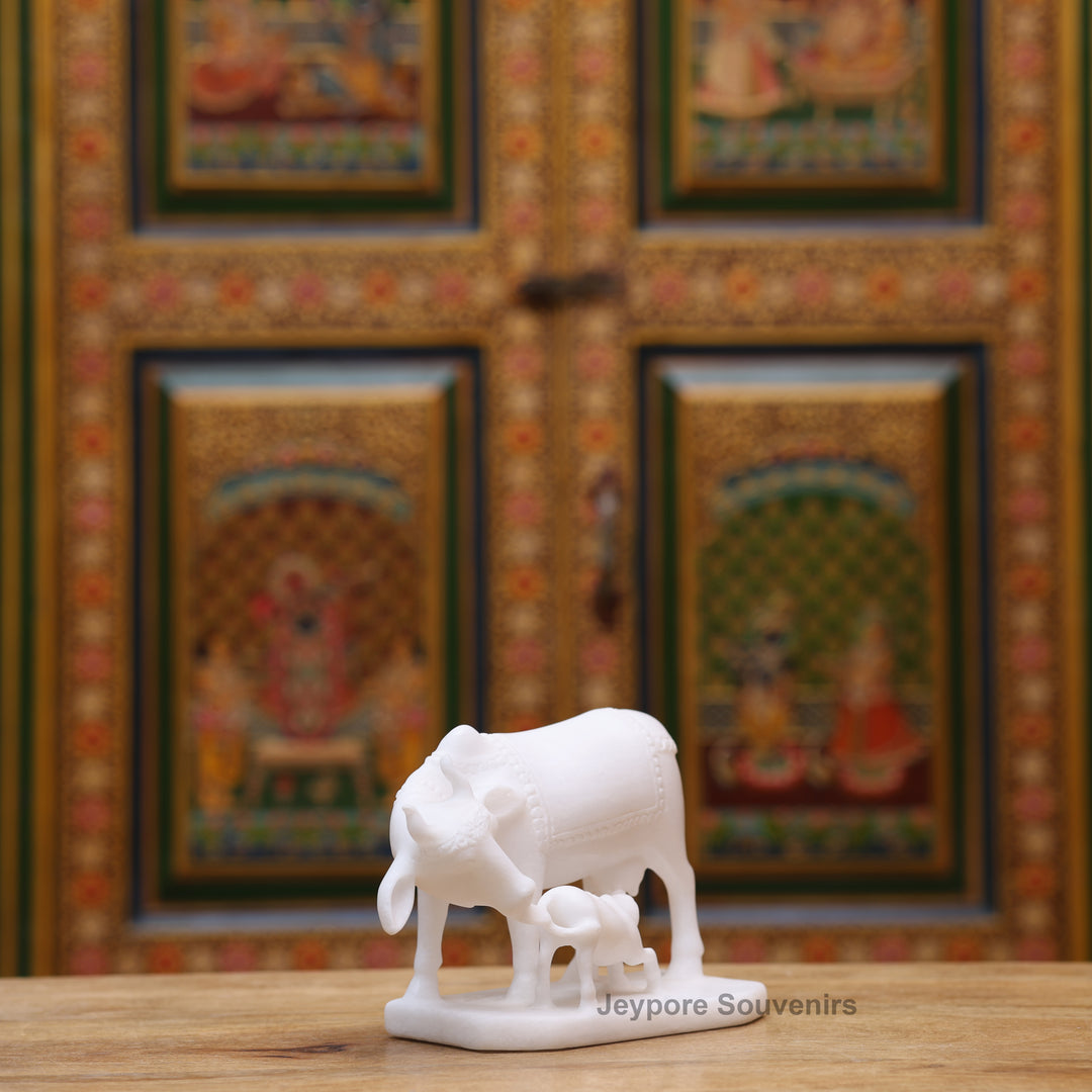 5" Pure White Marble Cow and Calf Statue