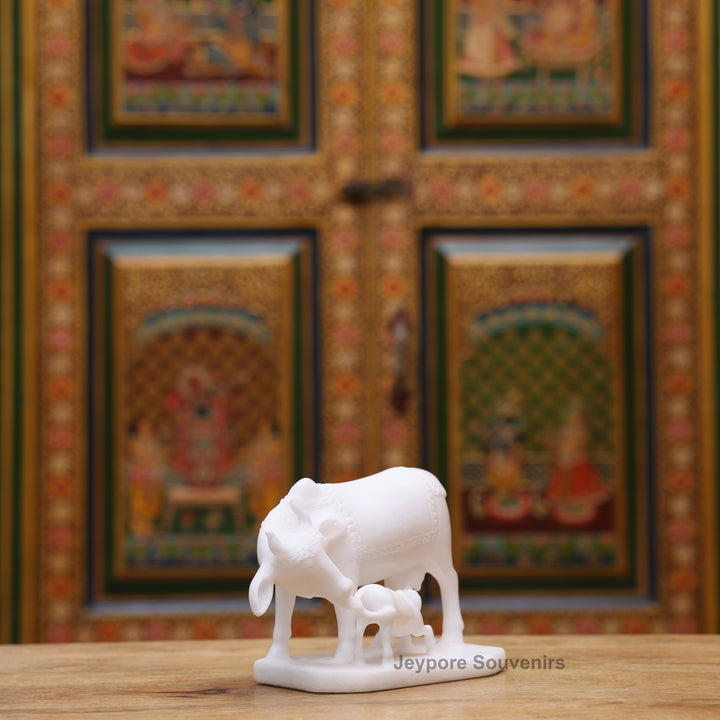 5" Pure White Marble Cow and Calf Statue
