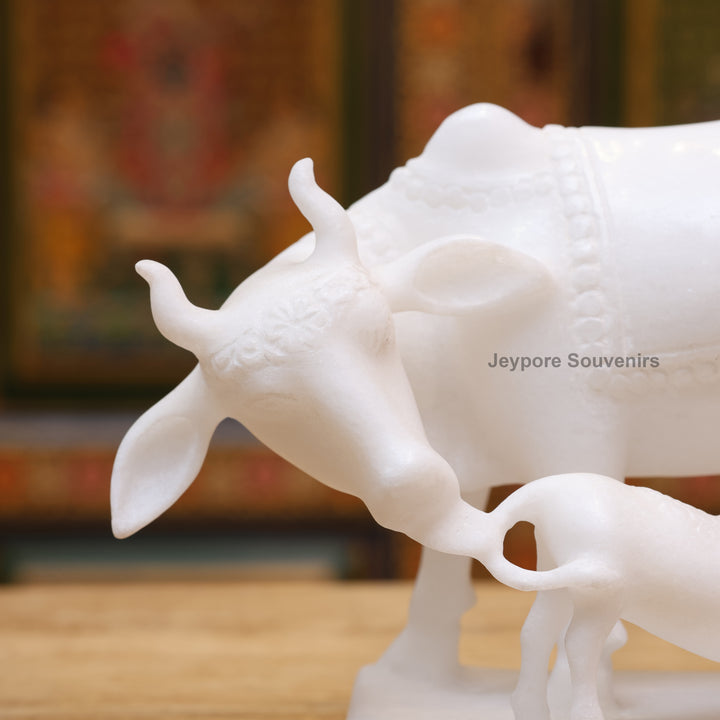 5" Pure White Marble Cow and Calf Statue