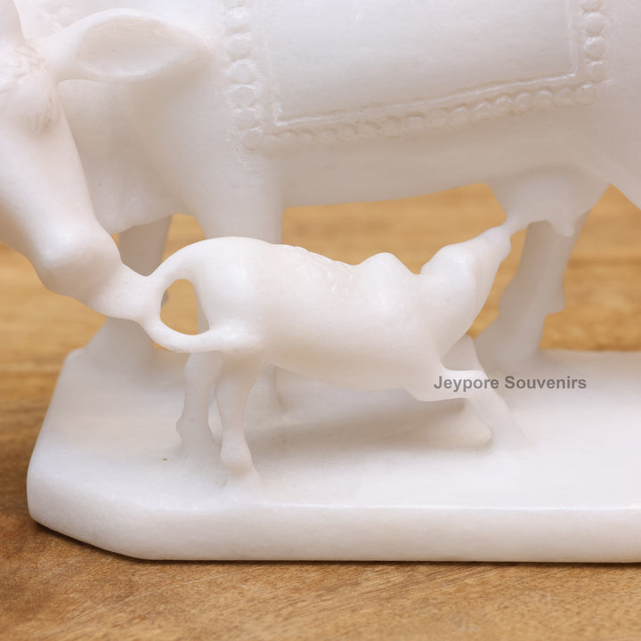 5" Pure White Marble Cow and Calf Statue