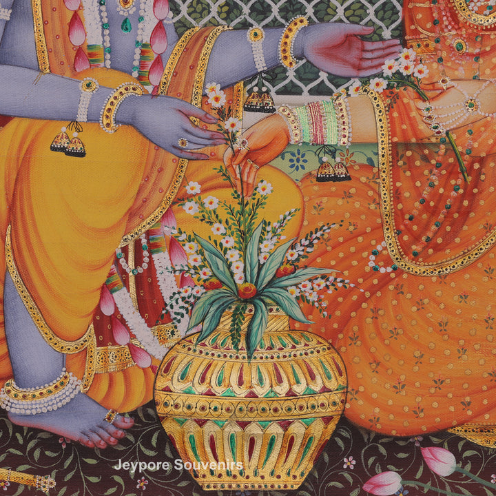 Krishna and Radha Sitting Together in a Palace Canvas Painting