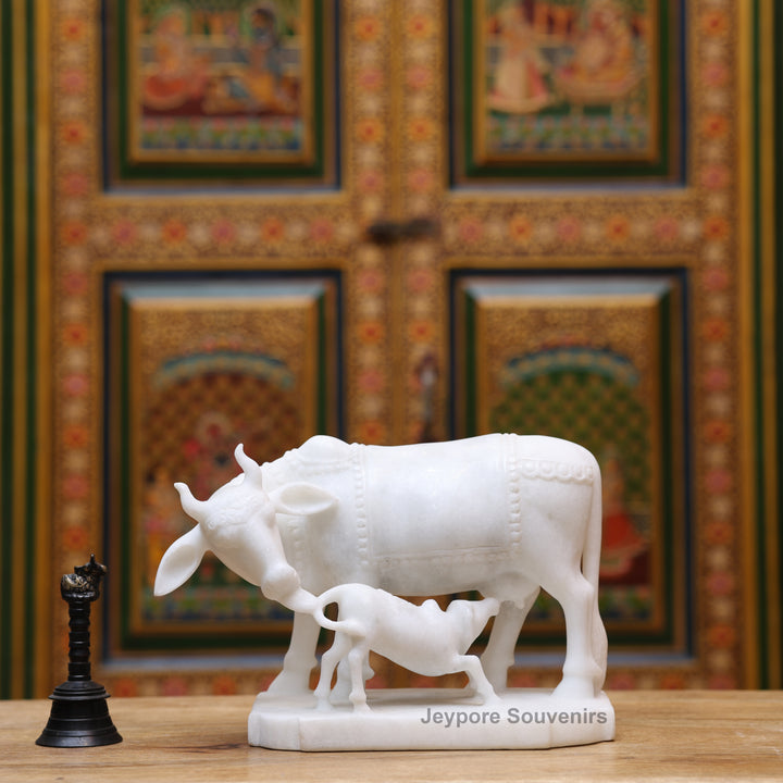 8" Pure White Marble Cow and Calf Statue