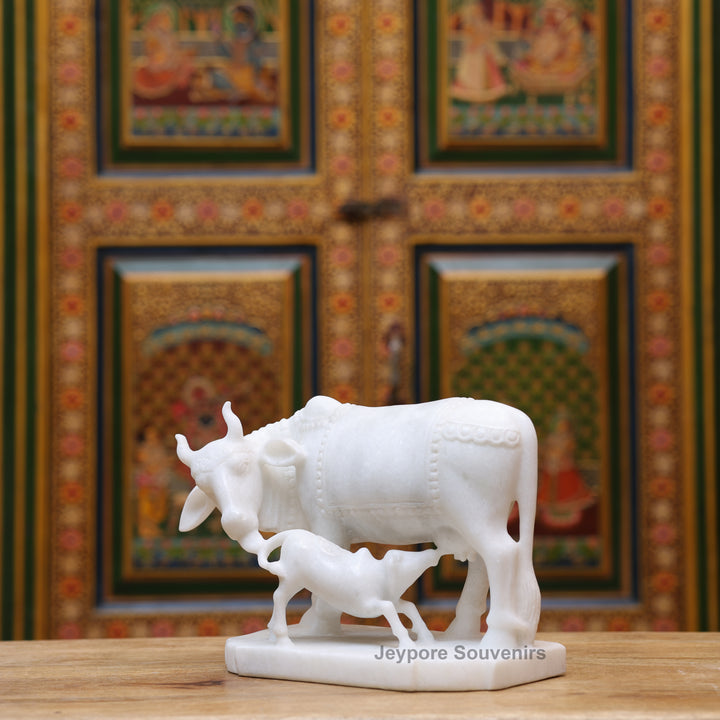 8" Pure White Marble Cow and Calf Statue