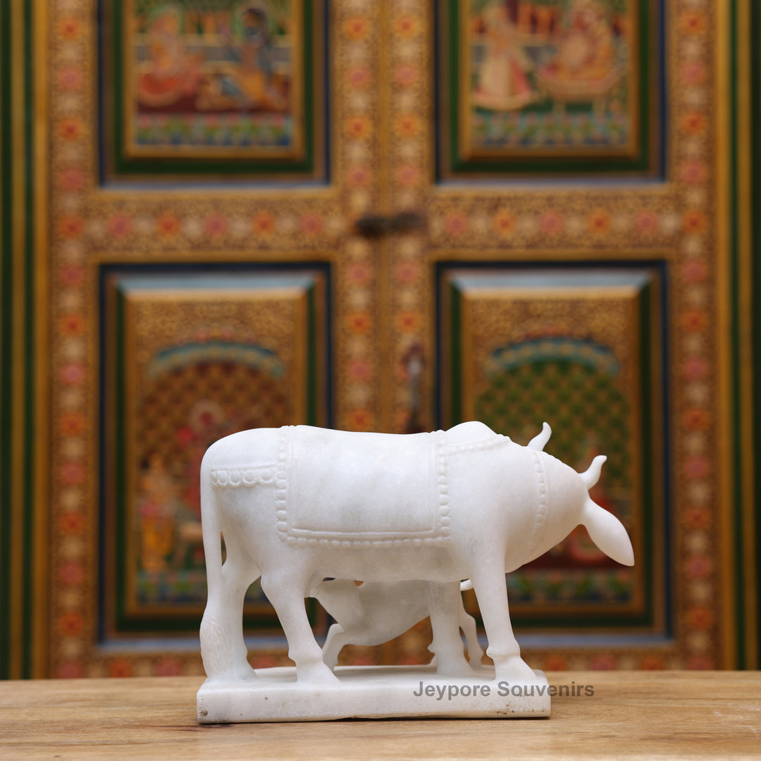 8" Pure White Marble Cow and Calf Statue