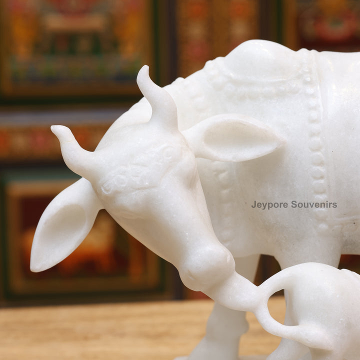 8" Pure White Marble Cow and Calf Statue