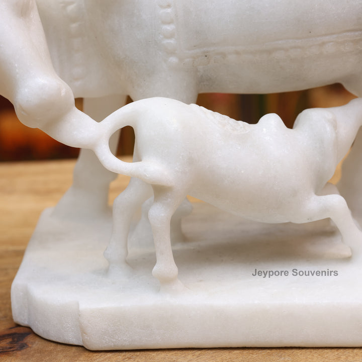 8" Pure White Marble Cow and Calf Statue