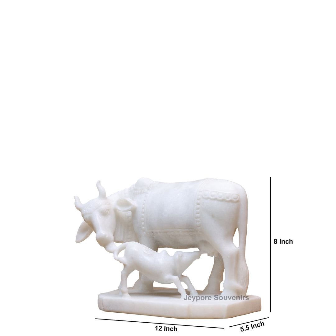 8" Pure White Marble Cow and Calf Statue