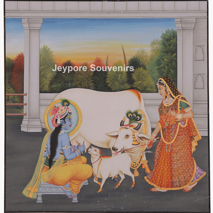 Krishna and Radha with Cow and Calf - Canvas Painting