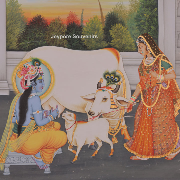 Krishna and Radha with Cow and Calf - Canvas Painting