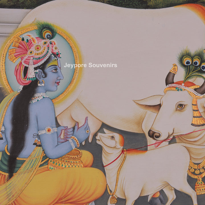 Krishna and Radha with Cow and Calf - Canvas Painting