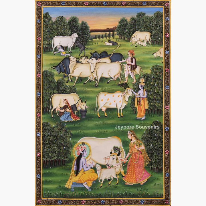 Handcrafted Krishna With Cow Pichwai Painting on Cotton Cloth